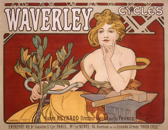 Waverley Cycles, 1898<br>
Alphonse Mucha<br>
Lithograph<br>
France<p>
Mucha's prominence was launched<br> with his posters of Sarah Bernhardt.